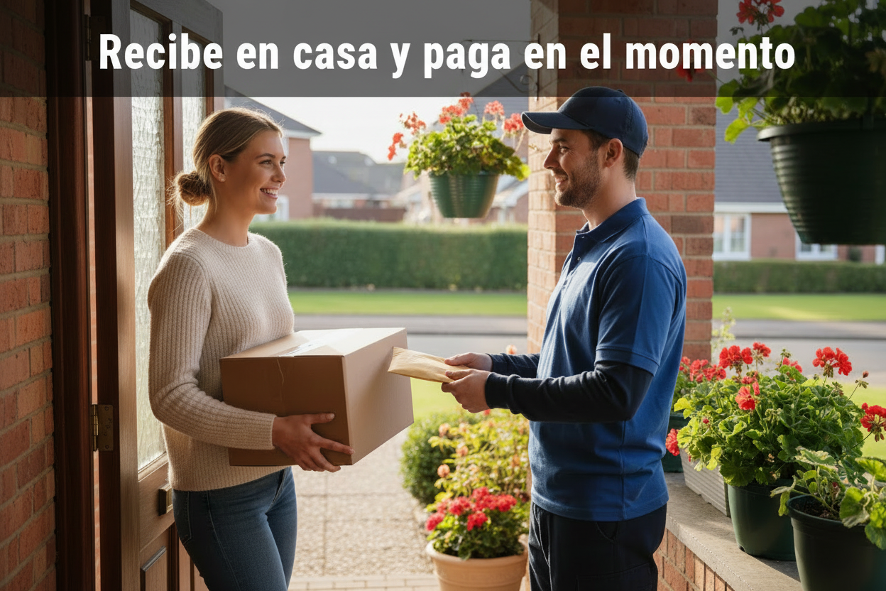 Banner com frase Recibe en casa y paga en el momento